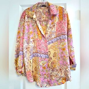 Zara Pastel Paisley Floral Satin Blouse Size Large